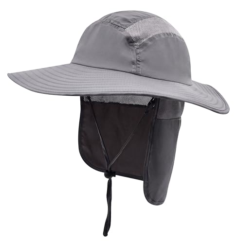 Home Prefer UPF 50+ Mens Sun Hat Wide Brim Fishing Hat with Neck Flap Sun Hat for Men Women Beach Gardening Sun Protection Cap Dark Gray