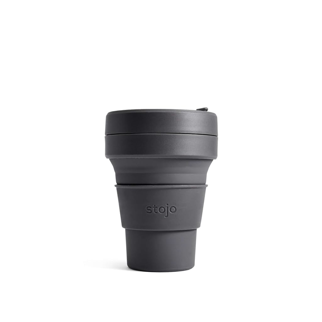 STOJO On-The-Go Collapsible Coffee Cup - 12oz / 355ml - Reusable & Foldable Silicone Travel Mug with Lid - Portable, Pocket Size - Dishwasher Safe - Carbon