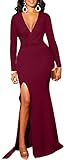 HipGlamp Women's Sexy Long Sleeve V Neck Wrap Side Split Bodycon Party Floor Length Maxi Dress(Mediu