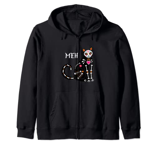 Camisa de gato negro con calavera de azúcar Disfraces de Halloween Funny Meh Cat Sudadera con Capucha