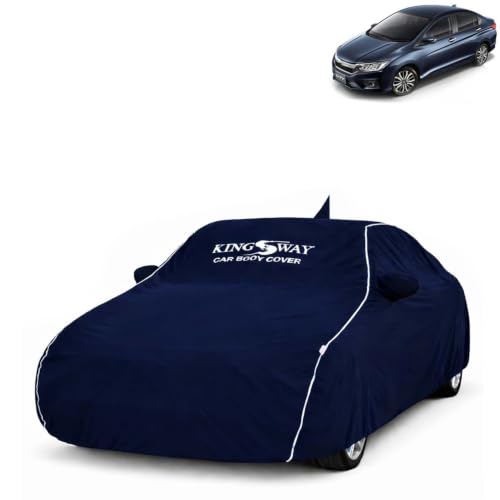Image of KINGSWAY Super Waterproof Car Cover Only with Honda City (Year 2017 to 2019 - All Model) | Mirror and Antenna Pockets | All Weather Car Body Cover with Silver Piping | Blue
