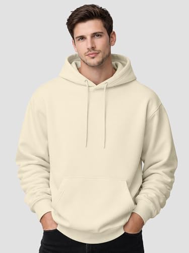 Image of Mens Drop Shoulder White Hoodie | Oversized Look Cotton Blend Fleece | Pullover Sweatshirt with Hood & Kangaroo Pocket | Winter Casual Wear