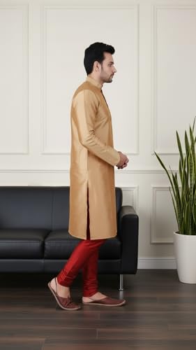 Image of Sadree Men's Silk Blend Mandrin Collor Full Sleeve Knee Length Indian Kurta Chudidar Pyjama Set