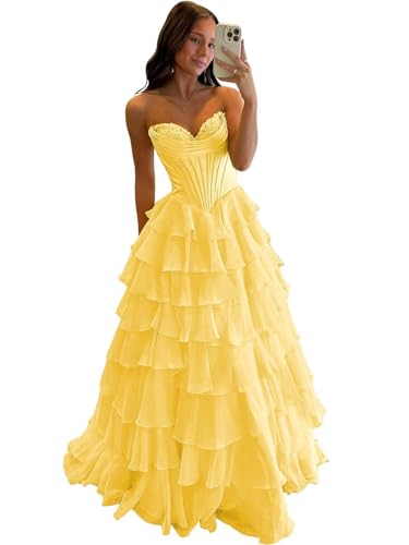 Strapless Prom Dress Floral Print Formal Dress Long Tiered Chiffon Evening Party Gowns with Slit