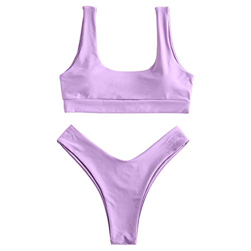 ZAFUL Bikini Scoop Neck High Cut Padded Swimwear Push Up Swimsuit Two Piece