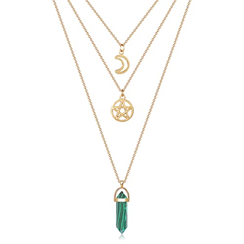 MJartoria Moon Pentagram Necklace Pentacle Crystal Chakra Necklace Charm Pendant Multi Layered Necklaces for Women Choker Necklace Gothic Jewelry Goth Accessories Set