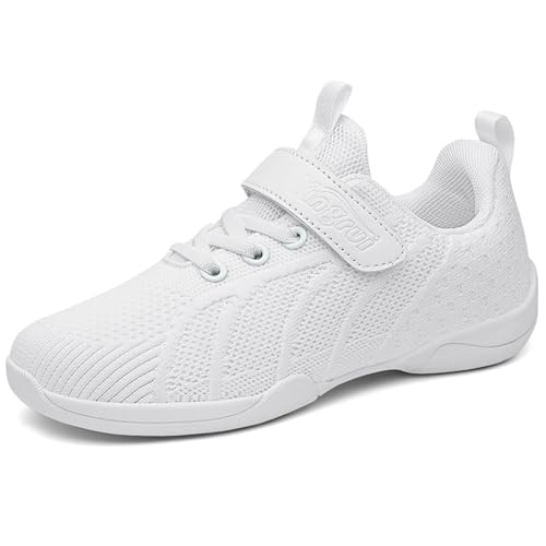 Youth Girls Boys White Cheerleading Shoes Athletic Training Tennis Breathable Competition Mesh Hook&Loop Cheer Sneakers