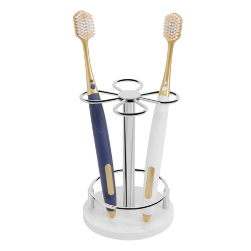 Image of Toothbrush Holder Stand for Bathroom, Metal Toothbrush Organizer with Marble Base, Toothbrush Storage Collection for Family, Suitable for Home Hotel Countertop Vanity (Small, Chrome Finish)