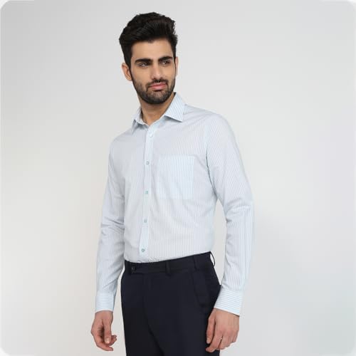 Image of Raymond Men Slim Fit Stripe Pattern Pure Cotton Semi Cutaway Collar Full Sleeve Formal Shirt