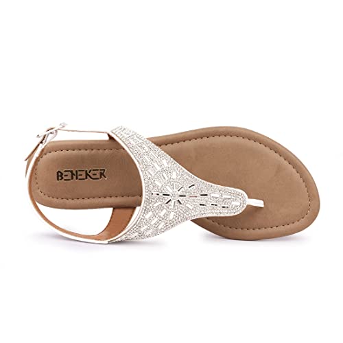 BENEKER Women's Rhinestone Thong Flat Sandals T-Strap Fashion Sandals Ankle Strap Summer Gladiator Sandals3