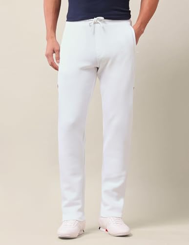 Image of U.S. Polo Assn. Men's White Solid Mid Rise Cotton Drawstring Slim Fit Flat Front Slit Pocket Track Pants