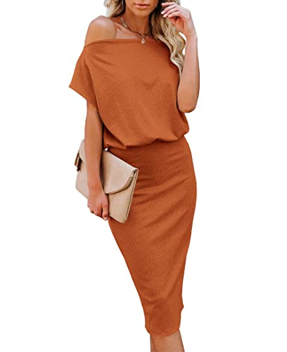 Image of EZBELLE Women's Summer Dress Off The Shoulder Short Sleeve Ribbed Casual Party Bodycon Midi Dresses