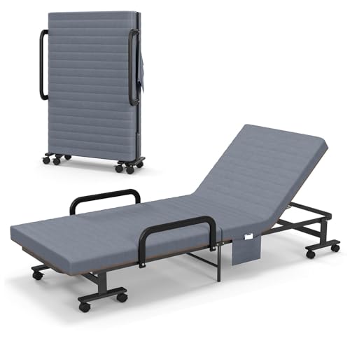 Multigot Folding Sofa Bed with 10cm Thick Foam Mattress, 6-Position Adjustable Leisure Chaise Lounge with 8 Wheels & Side Pocket, Portable Sleeper Chair for Bedroom Living Room Office (Grey) Multigot Folding Sofa Bed with 10cm Thick Foam Mattress, 6-Position Adjustable Leisure Chaise Lounge with 8 Wheels & Side Pocket, Portable Sleeper Chair for Bedroom Living Room Office (Grey)