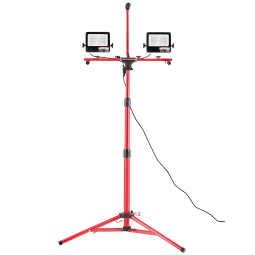 VEVOR LED Work Light with Stand, 5000 Lumen Dual-Head LED Work Light with 27.6"-68.1" Adjustable and Foldable Tripod Stand, IP65 Waterproofed LED Tripod Work Light, with 5000 Kelvin Color Temperature