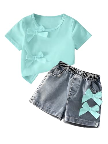 Image of Azmxynol Kid Girls Clothes Outfits Bowknot T-Shirt + 2 In 1 Denim Short Skort Summer Clothing Set, Size 4-10 Years