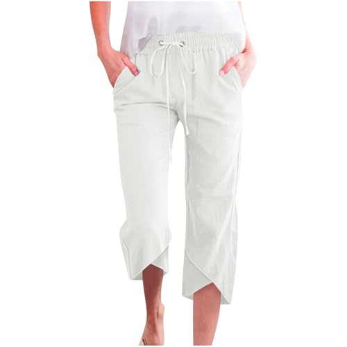 Pantalon Fluide Femme Été Coton Lin Décontractés Pantacourt 7/8 Léger Mode et Elegant Coupe Droite Jogging Pant Taille Haute Respirant avec Cordon de Serrage Pants Palazzo avec Poches