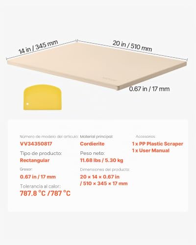 Miniatura 7 de Vevor Piedra Para Hornear Pizza De 508 X 355 Mm, Rectangular De Cordierita, Placa Extragrande Con Raspador, 17 Mm De Grosor, Resistente Al Calor, Apta Para Cocina, Horno, Pan, Pizza Y Parrilla