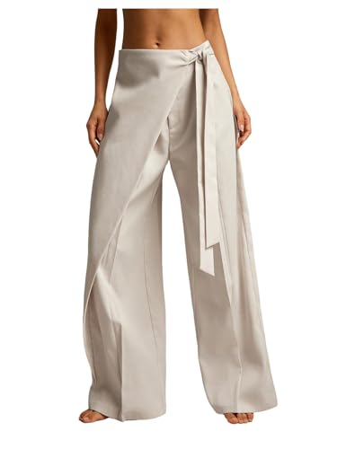 Milumia Women's Side Tie Wrap Front Loose Pants High Waist Wide Leg Office Work Trousers
