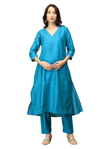 Image of The Mom Store Maternity Nursing and Feeding Kurta Set | Nursing Zippers | Pre and Post Pregnancy | Raw Silk | Kurta Pant Set | Solid |