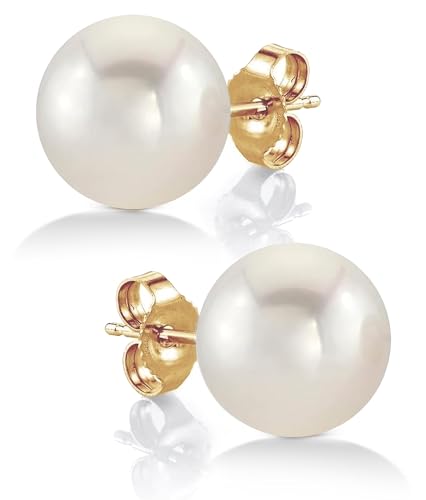 THE PEARL SOURCE Real Pearl Stud Earrings for Women, 14K Yellow Gold Genuine AAA Cultured Freshwater Pearls, Classic Round White Pearl Jewelry Gift for Women, Hypoallergenic Fine Jewelry, 9-9.5mm