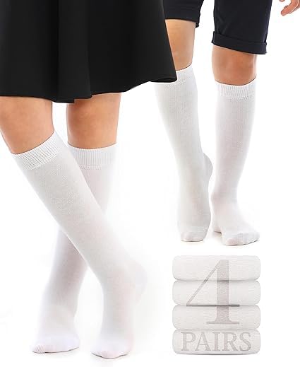 WKLOUYHE Kid’s Knee High Cotton Socks for Girls Boys and Toddlers, Solid Color Long School Uniform Socks_Pack Of 04