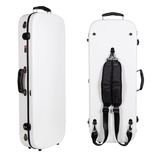 Image of Crossrock Fiberglass Mandolin Case - Oblong for F-Style (Fits Gibson F5) | Gloss White Finish, Forest Green Velvet, TSA Lock, Hygrometer, Backpack Straps - Hard Shell Pro Travel Series