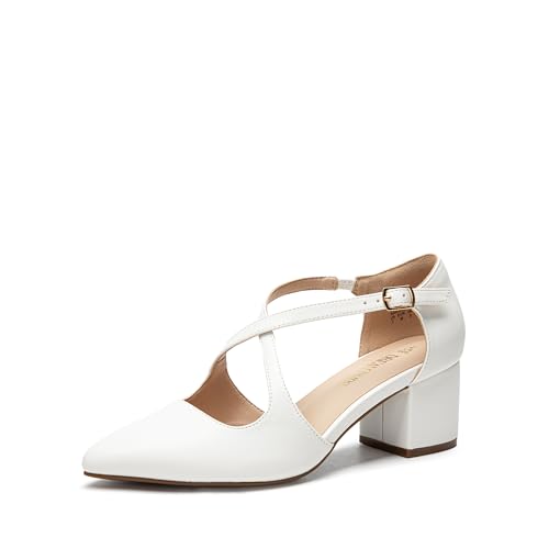 DREAM PAIRS Women's Chunky Heels Dress Pumps Closed Pointed Toe Comfort Cross Strap Block Heel Shoes for Party Dance Wedding 8 White-pu