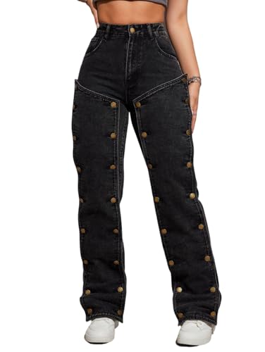 Women's High-Waisted Button Patch Jeans, Y2K Women's Jeans, Women's Casual Work Pants，Black2