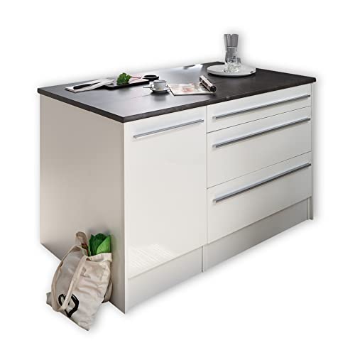 JAZZ Moderne Kücheninsel mit Arbeitsplatte freistehend in Weiß Hochglanz, Steingrau - Geräumiger...