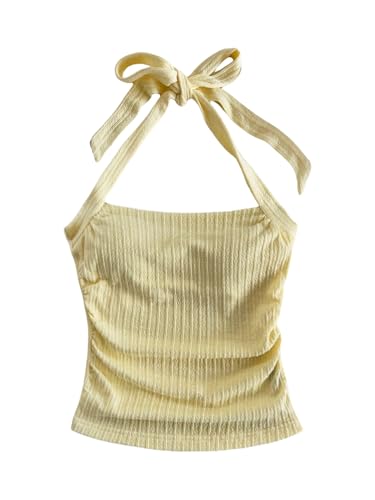 Milumia Girl's Textured Tie Backless Halter Top Ruched Sleeveless Fitted Tank Tops