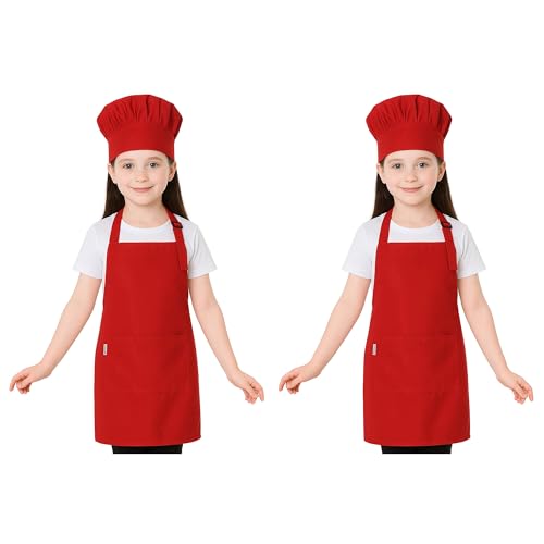Image of uniformer Kids Apron with Chef Cap for Cooking, Baking, Painting Art & Crafts | Adjustable Child Apron with 2 Pockets | Great for Kitchen, School