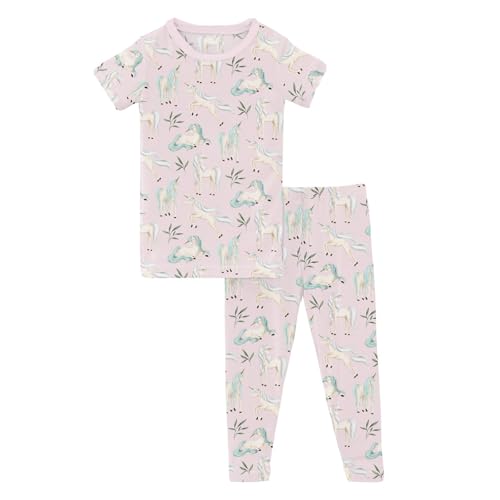 KicKee Print Short Sleeve Pajama Set, Baby to Kid, Viscose from Bamboo Fitted Pajamas, Seasonal Collections, Outdoors (Shrinking Violet Sleeping Unicorns - 5 Years)