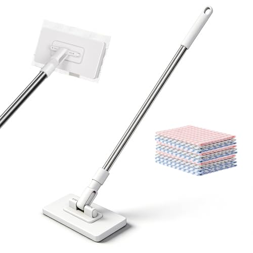Wxeadu Wischmopp mit Druck-Klemm-System Bodenwischer mit 10 Wiederverwendbaren Mikrofasertüchern EIN Knopf zum Wechseln Klein Wischer Boden Ohne Händewaschen Wischer Mop mit Klemmtuch