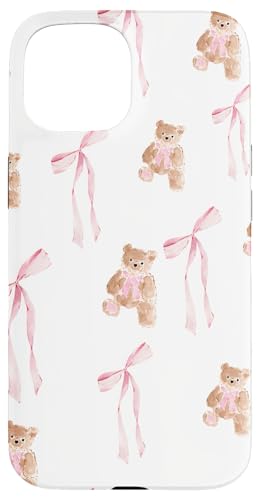 iPhone 15 Aesthetic Cute Coquette Pink Ribbon Bow & Teddy Bear Girly Case