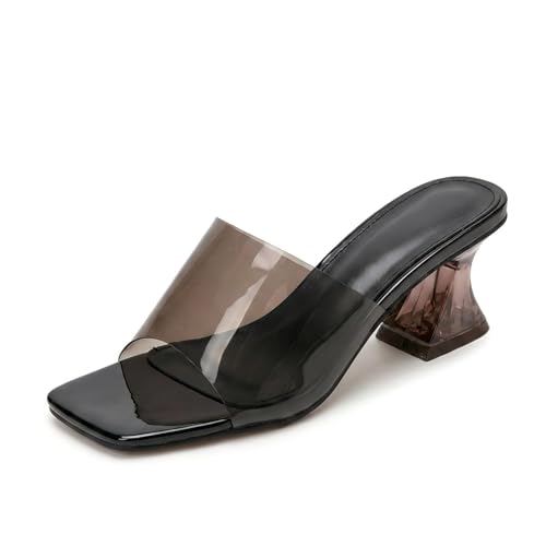 Women's Clear PVC Chunky Heel Dress Slide Sandals Fashion Square-Toe Wide Band Slip-On Comfortable insole Anti-Slip Transparent Block Heel Jelly Mule Sandals for Party Prom Daily Casual Wear (6,Black)