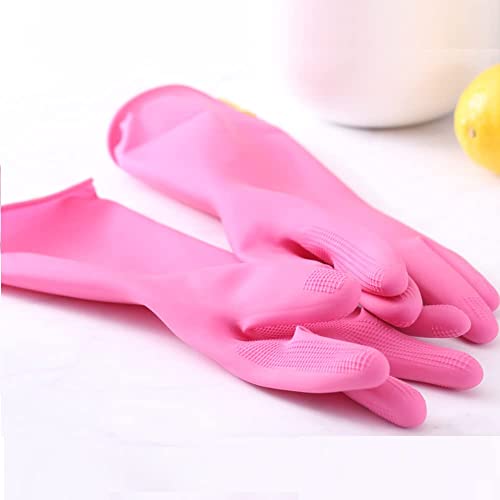Image of Pink Rubber Household Cleaning Gloves, Long Cuff, Waterproof, Reusable, Dishwashing and Kitchen Use