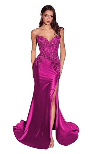 Xsqmbwb Women’s Satin Sequin Appliques Prom Dress Slit Strapless Mermaid Formal Gown Fuchsia US2