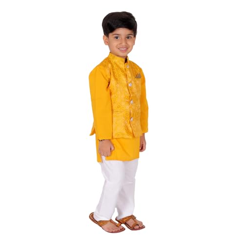 Image of Superminis Boy's Cottton Kurta Cotton Brocade Printed With Golden Thread Work Nehru Jacket and Elastic Closure Pyjama Set