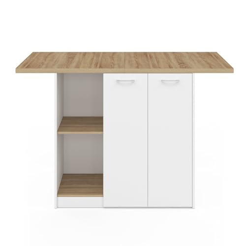 Miniatura 3 de Idmarket Ilot Central Bao 140 Cm 4 Personas Madera Blanca Con Superficie De Trabajo En Forma De Haya