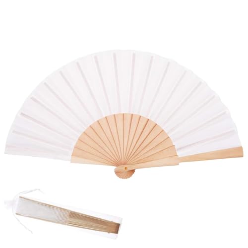 AFCJLTO Faltbare Handfächer Chinesischer Stil mit Bambus-Griffen und weißem Stoff,Mit Organza-Aufbewahrungsbeutel, ideal für Hochzeiten, Geburtstage und Partys