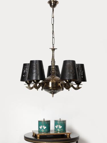Image of Devansh 05 Lights Budha JI Metal Etched Shade with Antique Golden Chandelier -ZE
