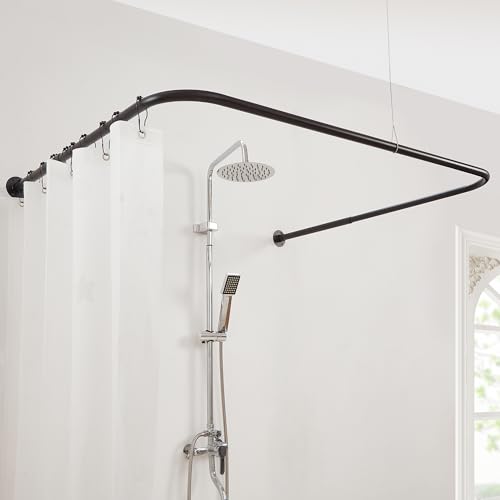 Mirooyu U Shaped Shower Curtain Rod [Both Sides: 24-52 Middle: 31-47] Adjustable U Shape Outdoor Corner Curtain Pole for Bathroom Bathtub with 12 Hooks & Ceiling Support - Matte Black