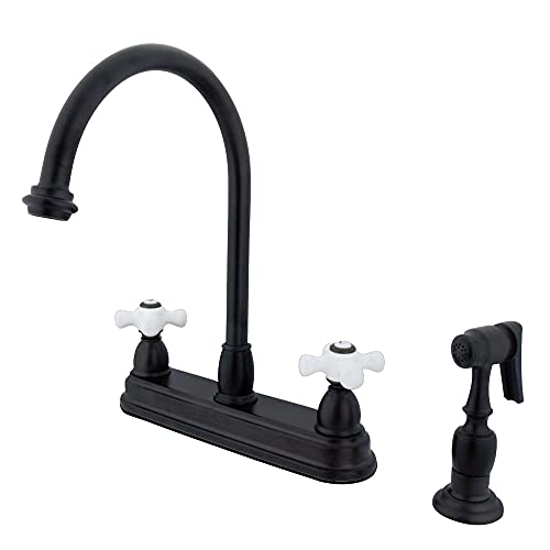 Limited Discount Kingston Brass KB3755PXBS Deck Mount 8" Center Kitchen Faucet, Porcelain Cross Handle with Brass Sprayer, Oil Rubbed Bronze