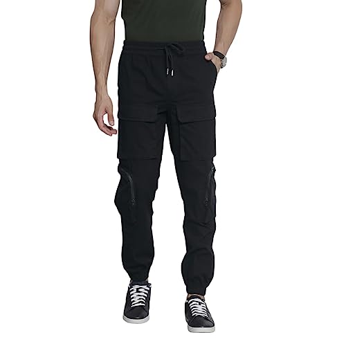 Image of The Indian Garage Co Men Regular Fit Solid Mid-Rise Elasticated Cuffed Cargo Joggers
