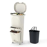 GOPLUS Poubelle Cuisine 42 L, Poubelle Tri Selectif à 3 Niveaux avec 2 Seaux Amovibles 12Lx2, Tiroir 4L, Compartiment Incliné 14L,Poignées, Pédale, Récipient Déchets (42L|1 Couvercles,Beige|4 Bacs)