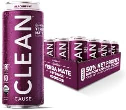 CLEAN Cause Low Calorie Blackberry USDA Organic Sparkling Yerba Mate Tea (16oz cans, 12-Pack Case) Low Sugar, 160mg Caffeine, Healthy Alternative to Soda & Energy Drinks.