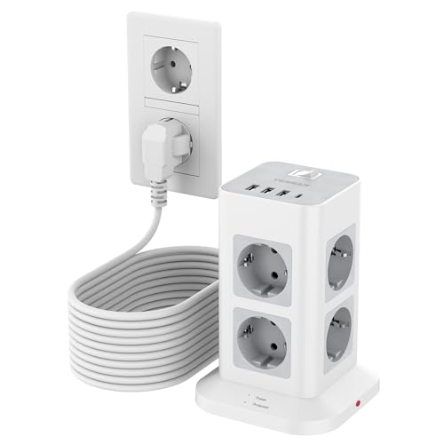 TESSAN 8 Fach Mehrfachsteckdose mit USB C, Verl&auml;ngerungskabel 10 Meter mit 4 USB und Steckdosenleiste &Uuml;berspannungsschutz, 3600W Steckdosenturm mit Schalter, Steckdosenw&uuml;rfel f&uuml;r B&uuml;ro, Grau