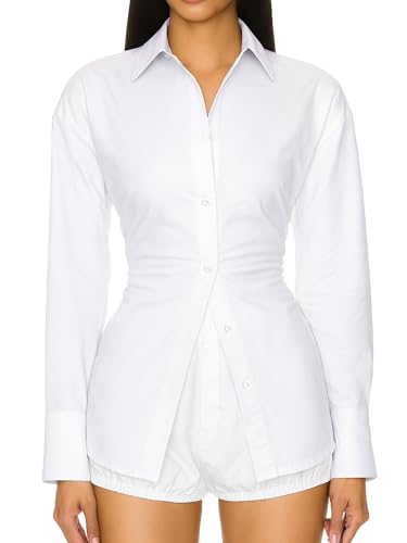 Women's Button Down Shirt Casual Cinched Waist Blouse Work Top, Stylish Office & Casual Shirt (US, Alpha, Large, Regular, Regular, White)