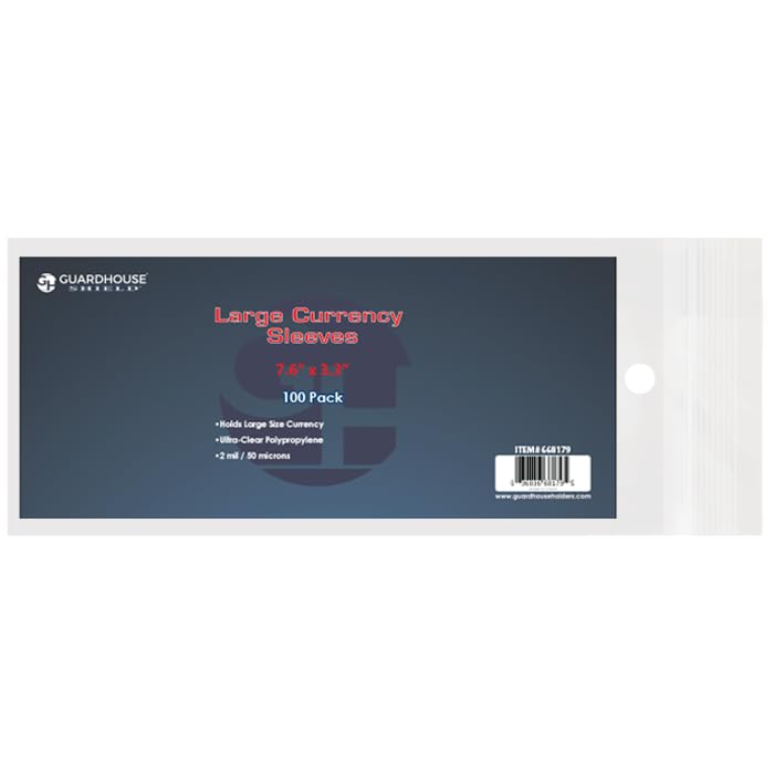Guardhouse Ultra Clear Archival Quality Large Size Currency Sleeves - Pack of 100