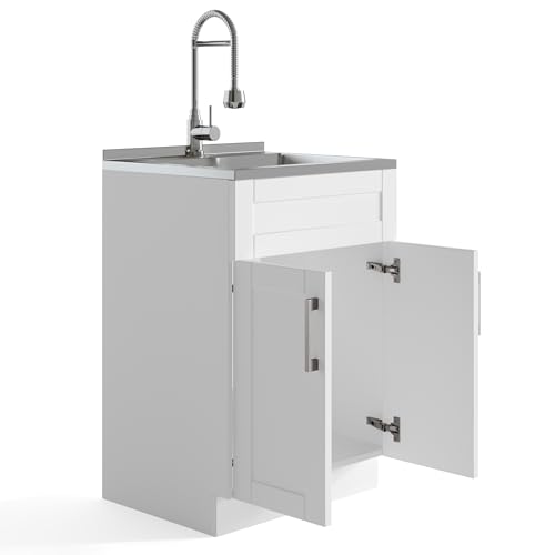 SIMPLIHOME Hennessy All-in-One 24 inch Wide Utility Sink and Laundry Cabinet in Pure White Finish, Transitional Stainless Steel Sink Cabinet for Laundry Rooms with High-Arch Chrome Faucet and Storage by SIMPLIHOME - Image 3